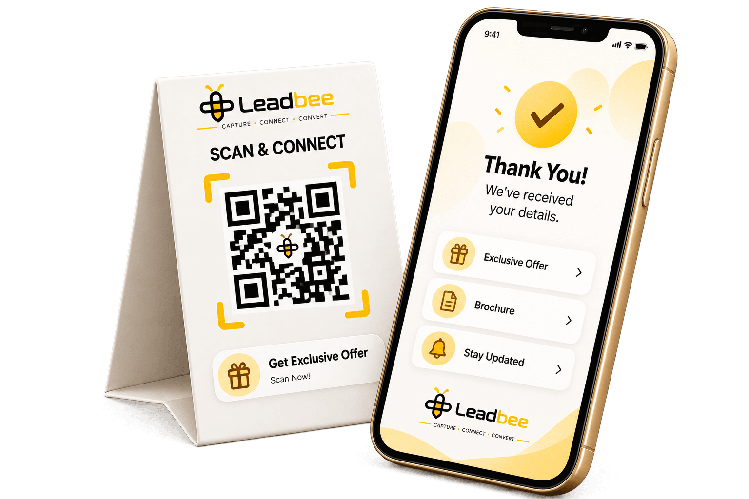 LeadBee QR stand and phone showing the customer thank-you screen